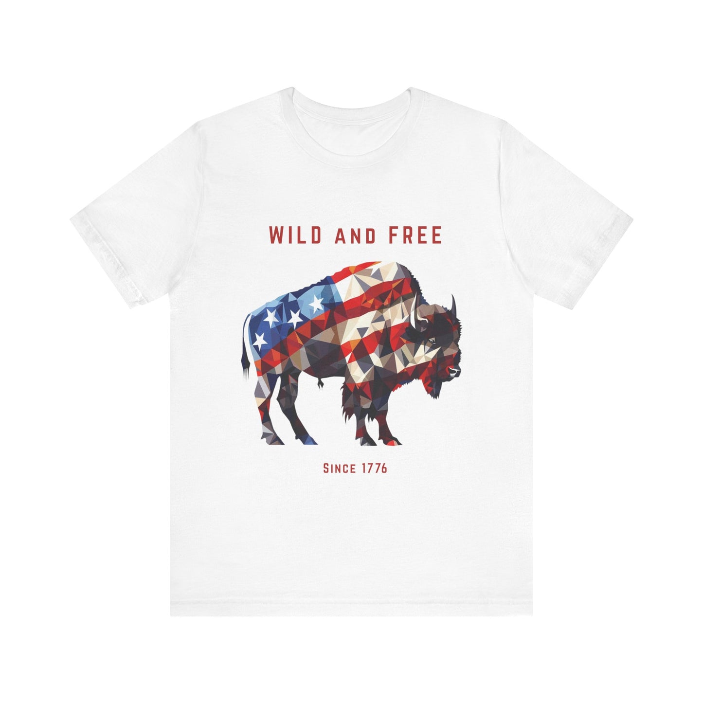 Bison T-shirt design with geometric American flag pattern. Perfect for Independence day celebrations, animal lovers or those who wish to show patriotism everyday.