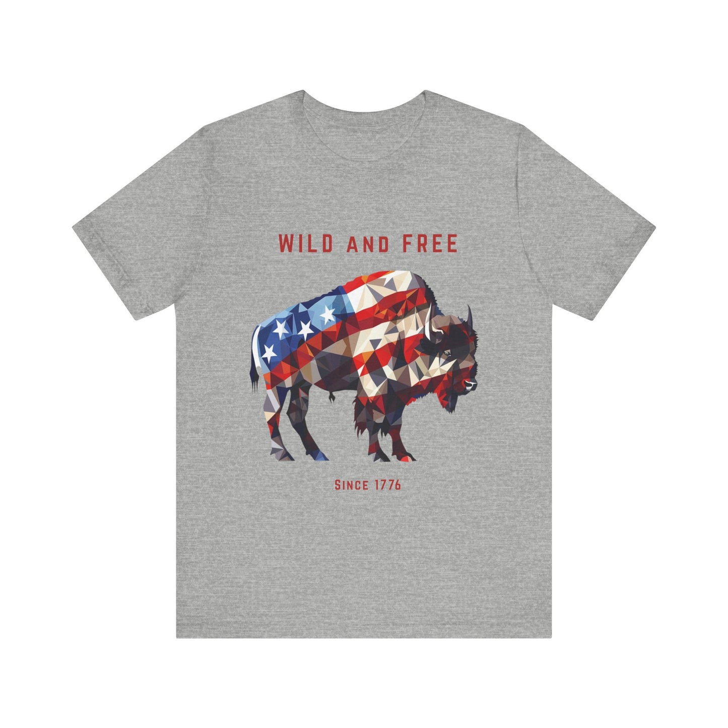 Bison T-shirt design with geometric American flag pattern. Perfect for Independence day celebrations, animal lovers or those who wish to show patriotism everyday.