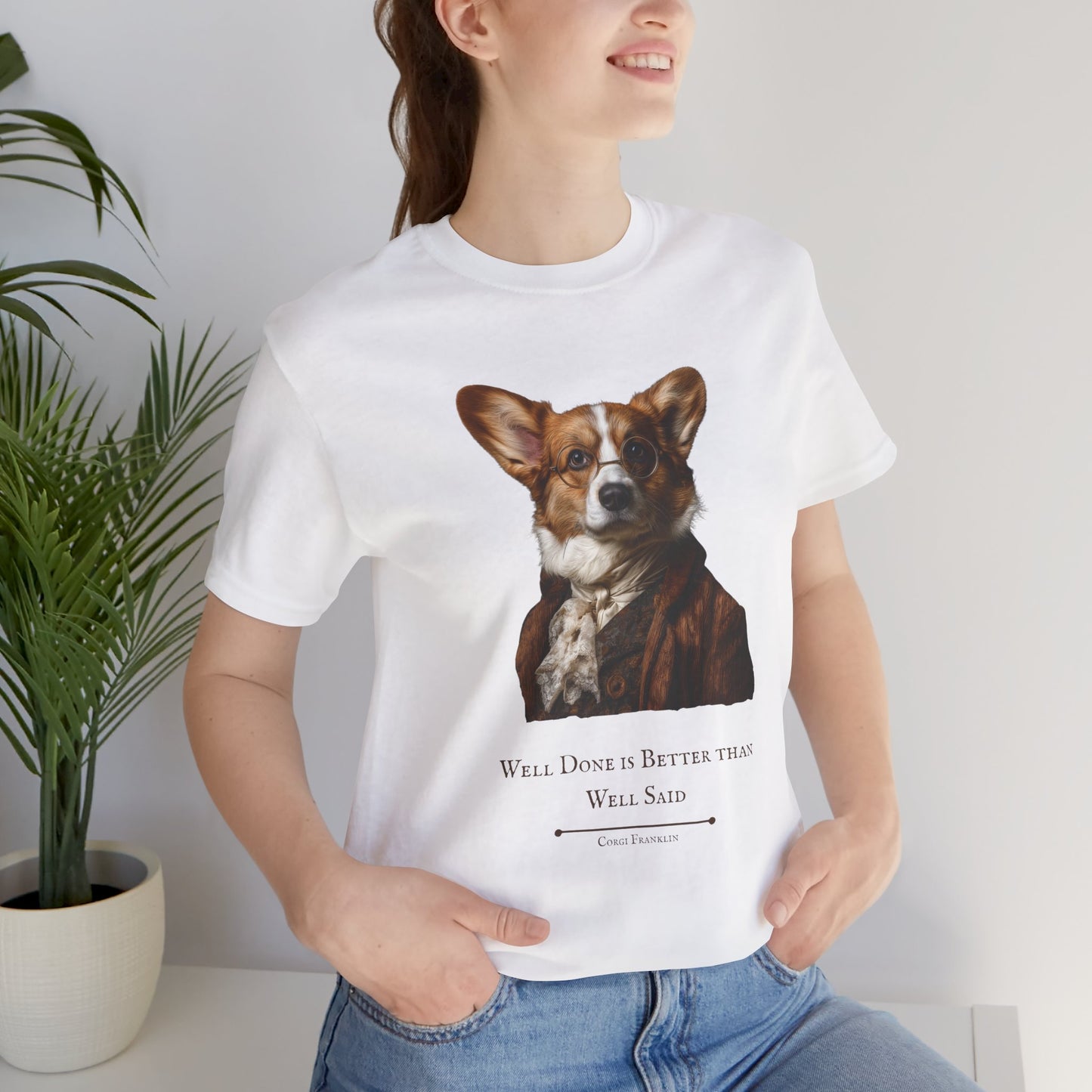 Corgi Dog dressed as Benjamin Franklin, perfect for Independence Day celebrations with this cute Patriotic Tee
