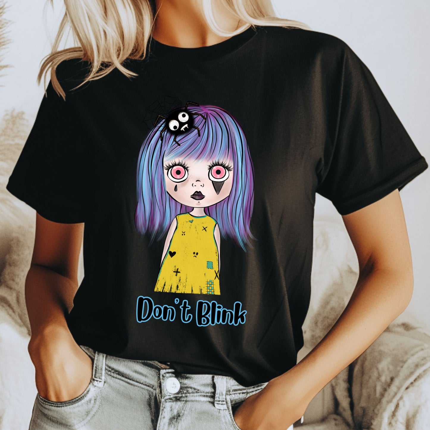 Creepy Doll Tee Halloween Spooky T-Shirt Scarey Doll Eerie Don't Blink Tshirt Creepy Girl Tee Gift for Her Halloween Gift or Costume