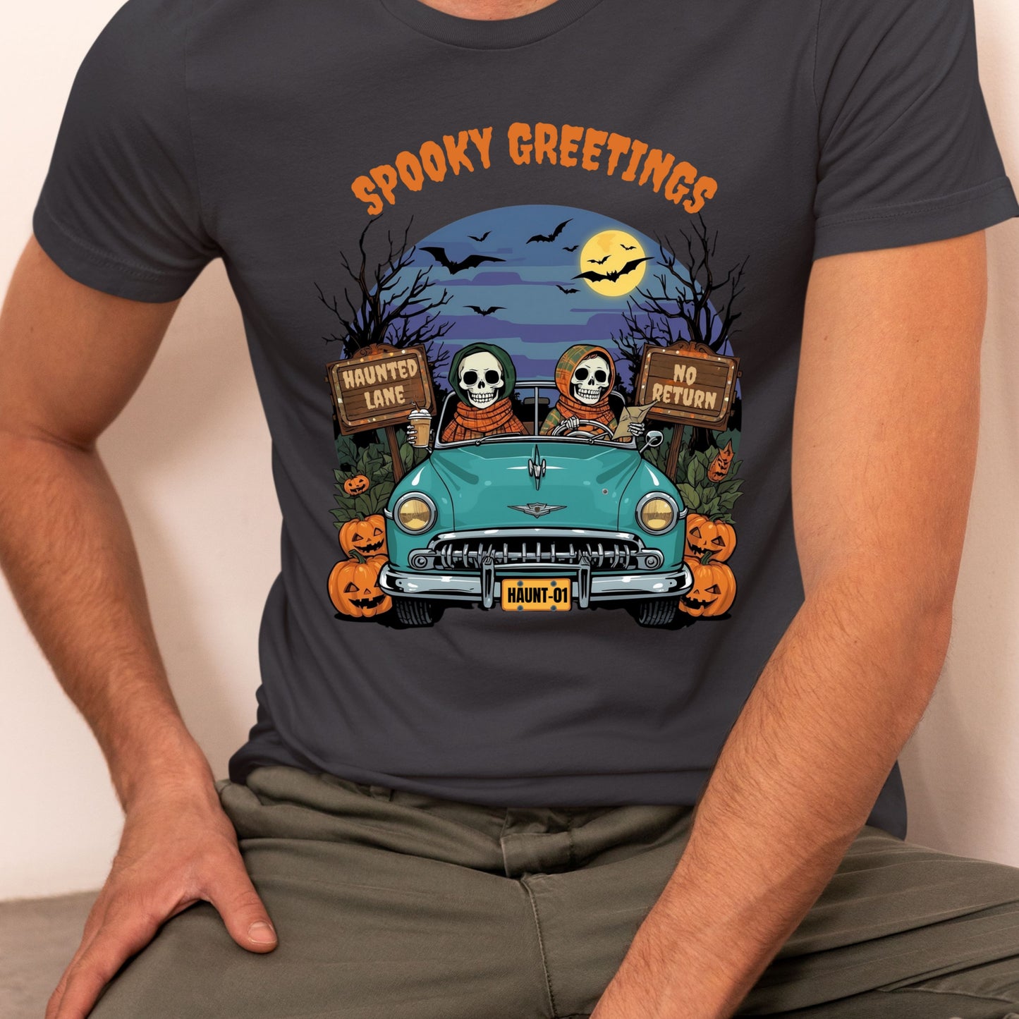 Happy Skeletons Driving to Halloween Celebrations Spooky Greetings Happy Halloween Funny T-shirt Gift for Her Gift for Him