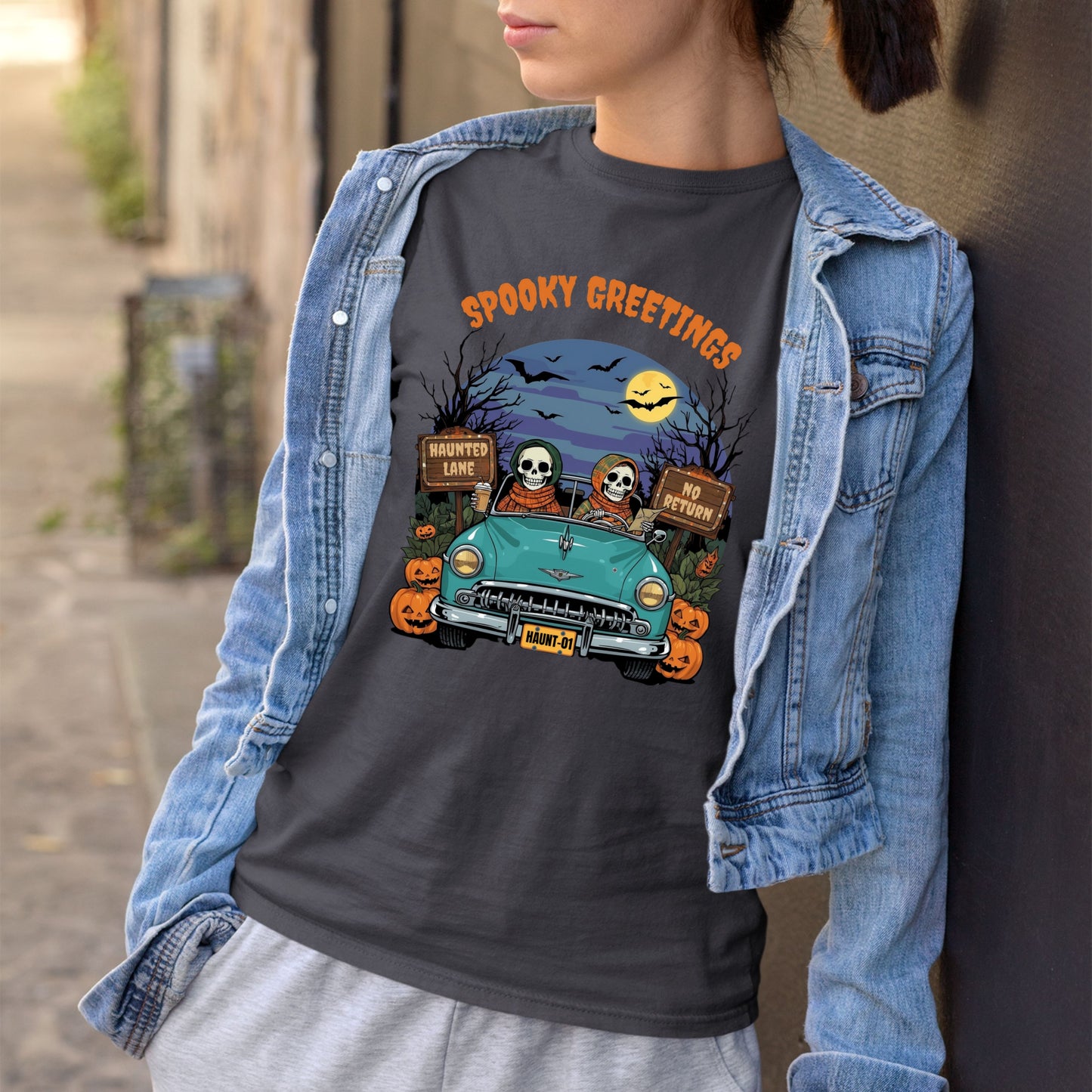 Happy Skeletons Driving to Halloween Celebrations Spooky Greetings Happy Halloween Funny T-shirt Gift for Her Gift for Him