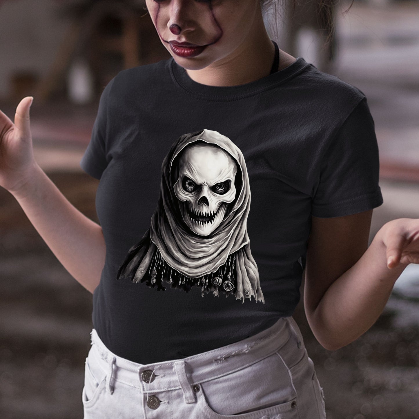Mystic Skull Priest T-Shirt Gothic Beaded Hood Skeleton Shirt Occult Reaper Tee Spooky Halloween Dark Art T-Shirt Gift for her Gift for him