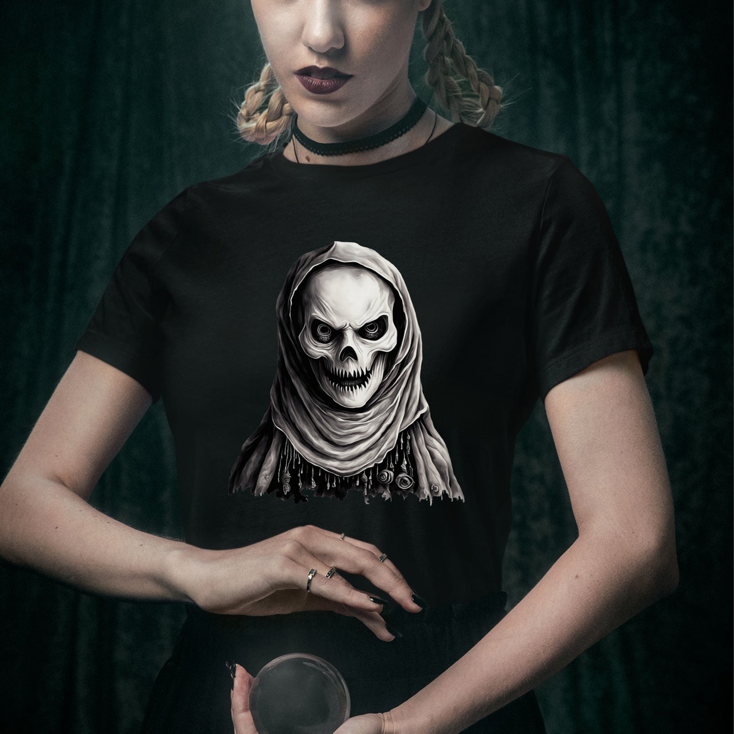 Mystic Skull Priest T-Shirt Gothic Beaded Hood Skeleton Shirt Occult Reaper Tee Spooky Halloween Dark Art T-Shirt Gift for her Gift for him