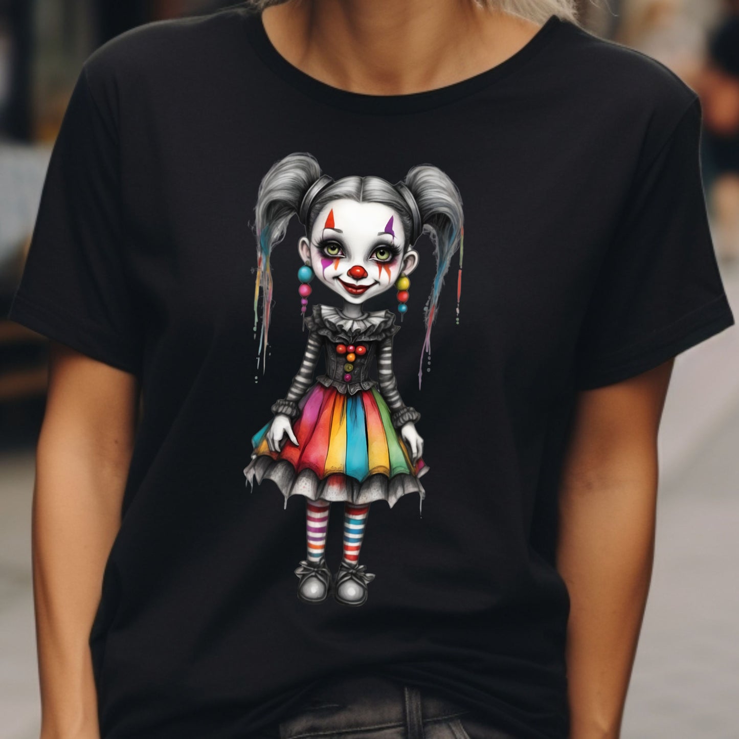 Creepy Cute Gothic Clown Girl T-Shirt Rainbow Skirt & Pigtails Pastel Horror Circus Doll Halloween Alt Aesthetic Art Shirt