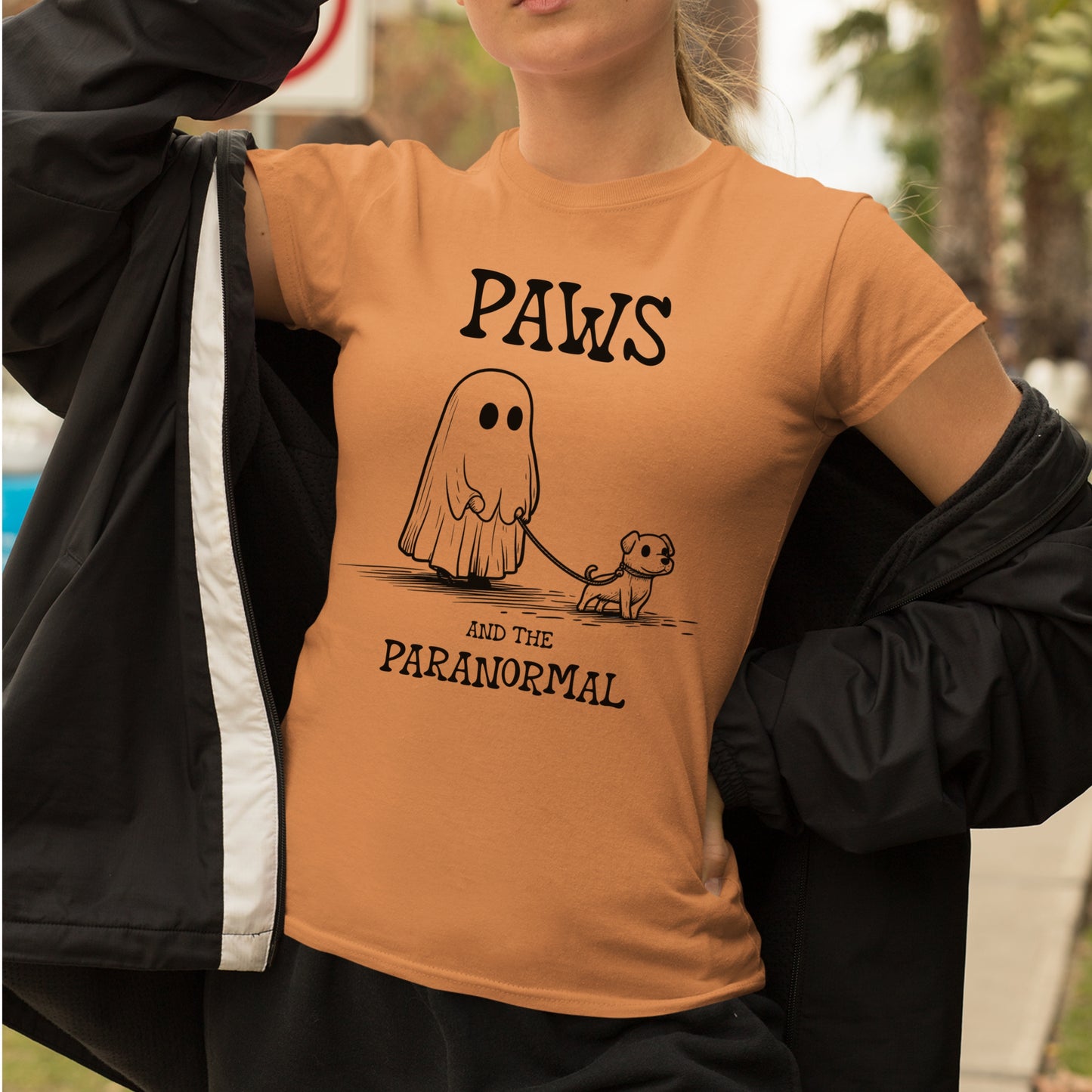 Paws and the Paranormal T-Shirt Cute Ghost and Dog Tee Spooky Halloween Shirt Funny Dog Walking Pet Lover Gift