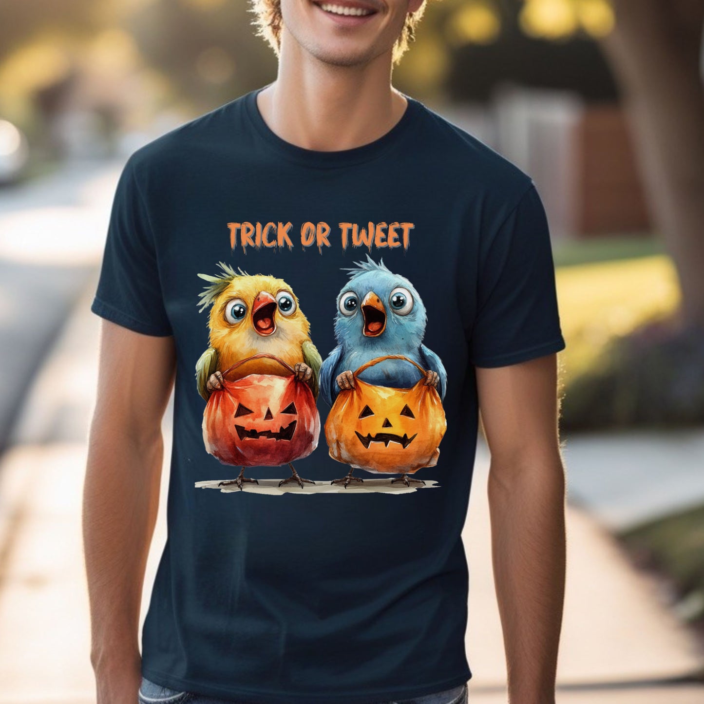Halloween Trick or Tweet Bird Tee Halloween Bird T-Shirt Cute Chickens with Pumpkin Buckets Funny Animal Shirt Kid-Friendly Spooky Gift Tee