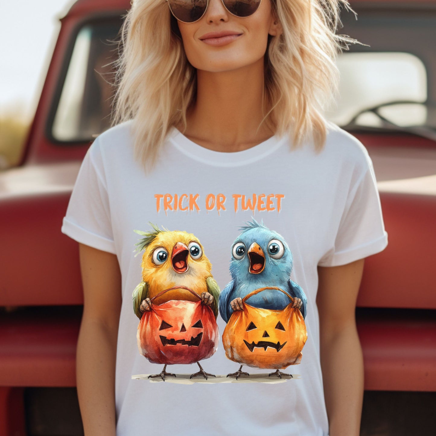 Halloween Trick or Tweet Bird Tee Halloween Bird T-Shirt Cute Chickens with Pumpkin Buckets Funny Animal Shirt Kid-Friendly Spooky Gift Tee
