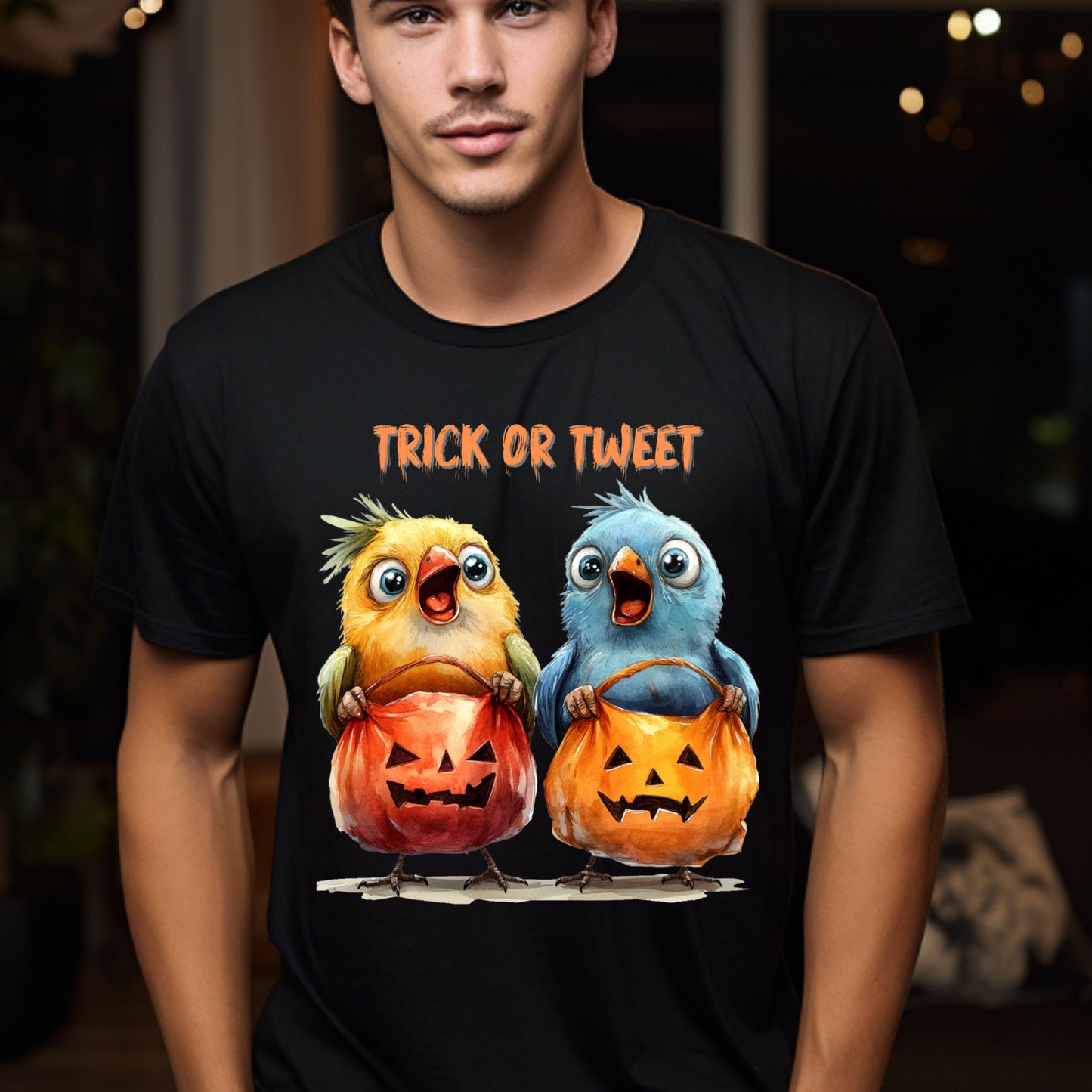 Halloween Trick or Tweet Bird Tee Halloween Bird T-Shirt Cute Chickens with Pumpkin Buckets Funny Animal Shirt Kid-Friendly Spooky Gift Tee