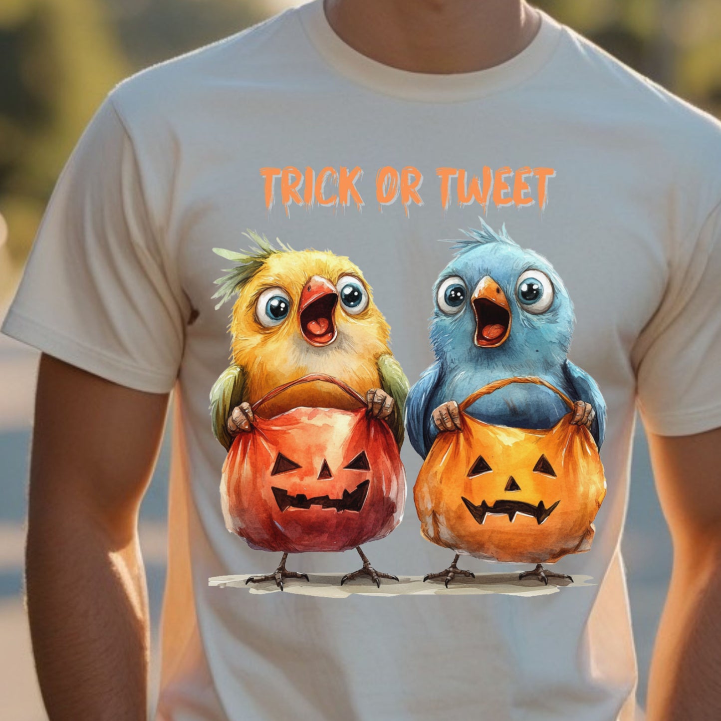 Halloween Trick or Tweet Bird Tee Halloween Bird T-Shirt Cute Chickens with Pumpkin Buckets Funny Animal Shirt Kid-Friendly Spooky Gift Tee