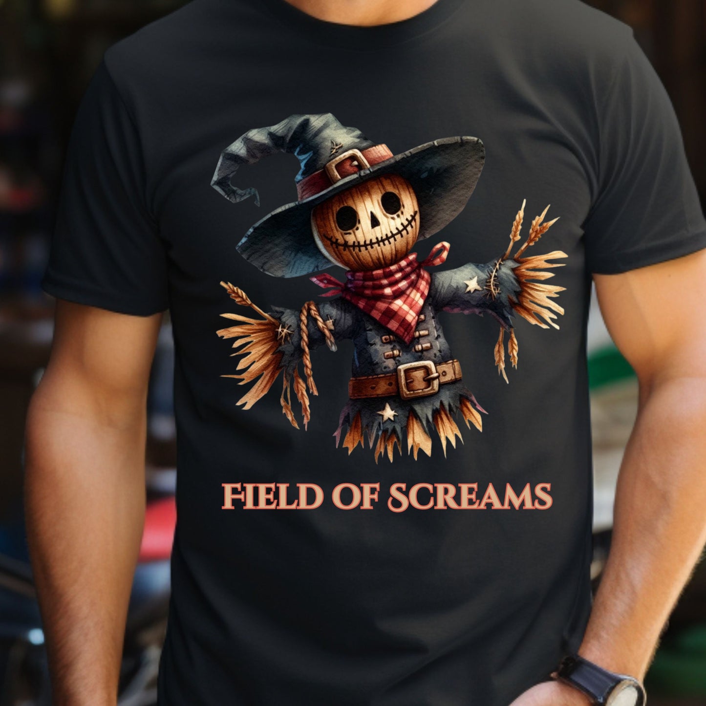 Field of Screams Halloween Shirt Scary Cute Scarecrow T-Shirt Spooky Fall Tee for Haunted Fields and Harvest Event Gift for Her Gift for him