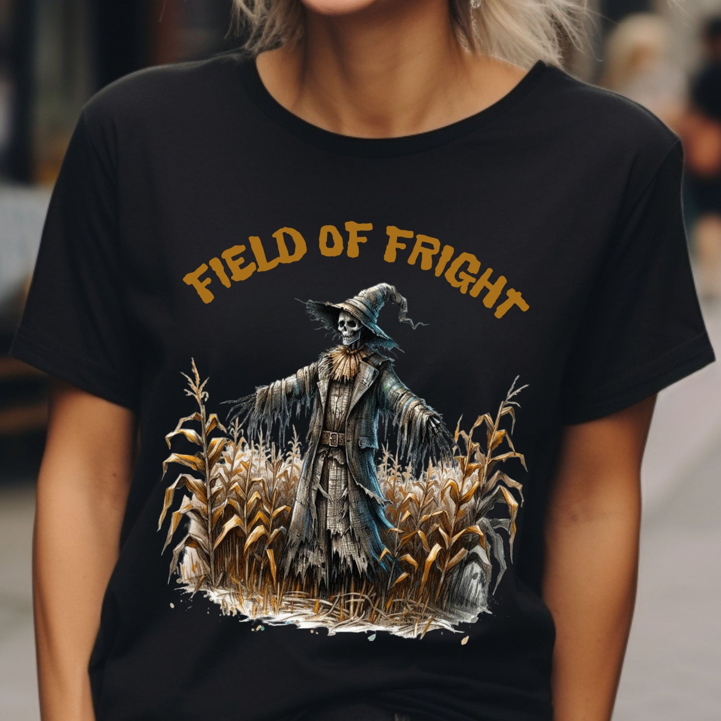 Field of Fright Halloween Shirt Creepy Scarecrow in Cornfield T-Shirt Spooky Harvest Horror Tee for Haunted Fall Vibes
