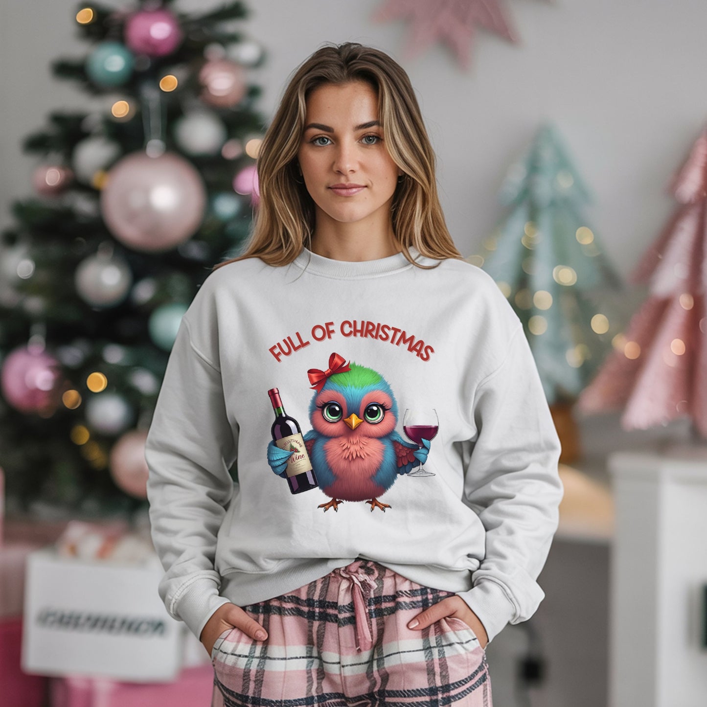 Full of Christmas Wine Sweatshirt, Cute Bird Xmas Sweatshirt, Funny Holiday Drinking Shirt, Wine Lover Christmas Gift, Bird Lover Gift