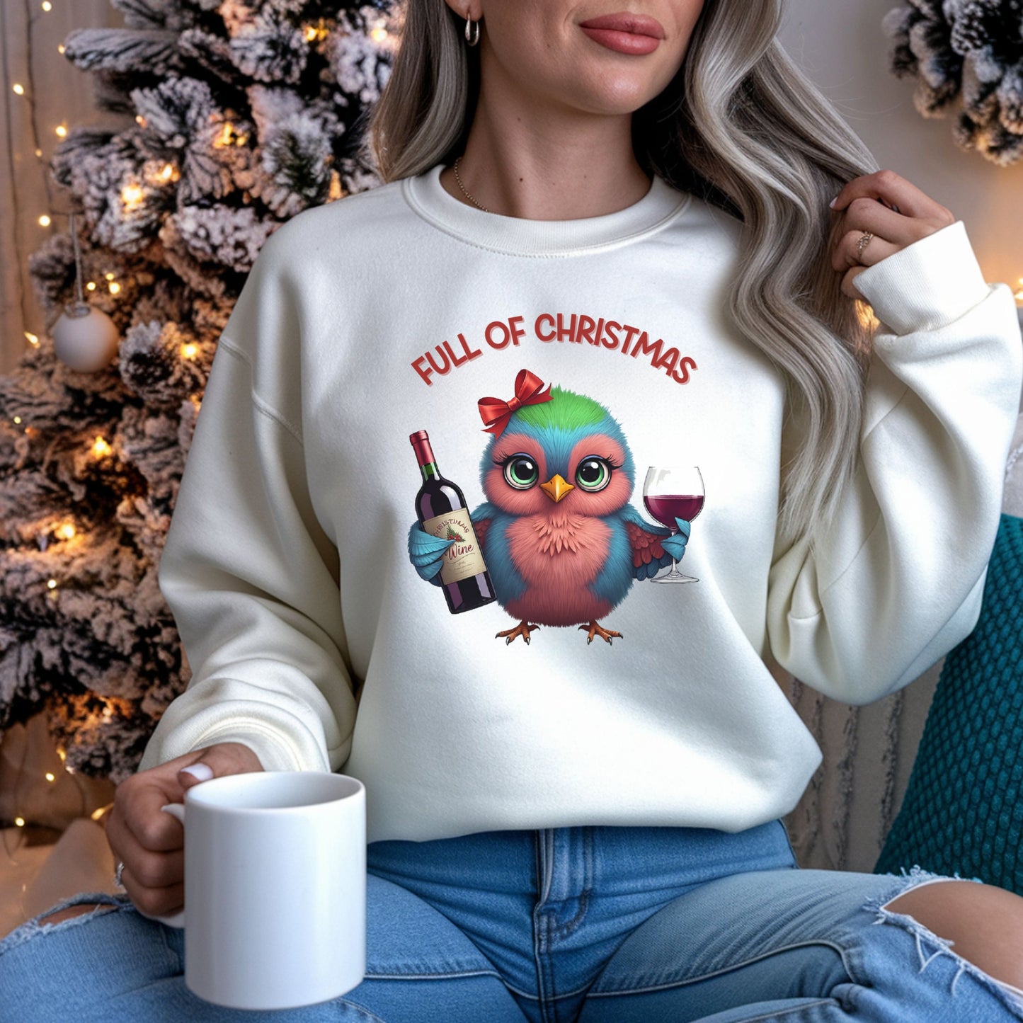 Full of Christmas Wine Sweatshirt, Cute Bird Xmas Sweatshirt, Funny Holiday Drinking Shirt, Wine Lover Christmas Gift, Bird Lover Gift