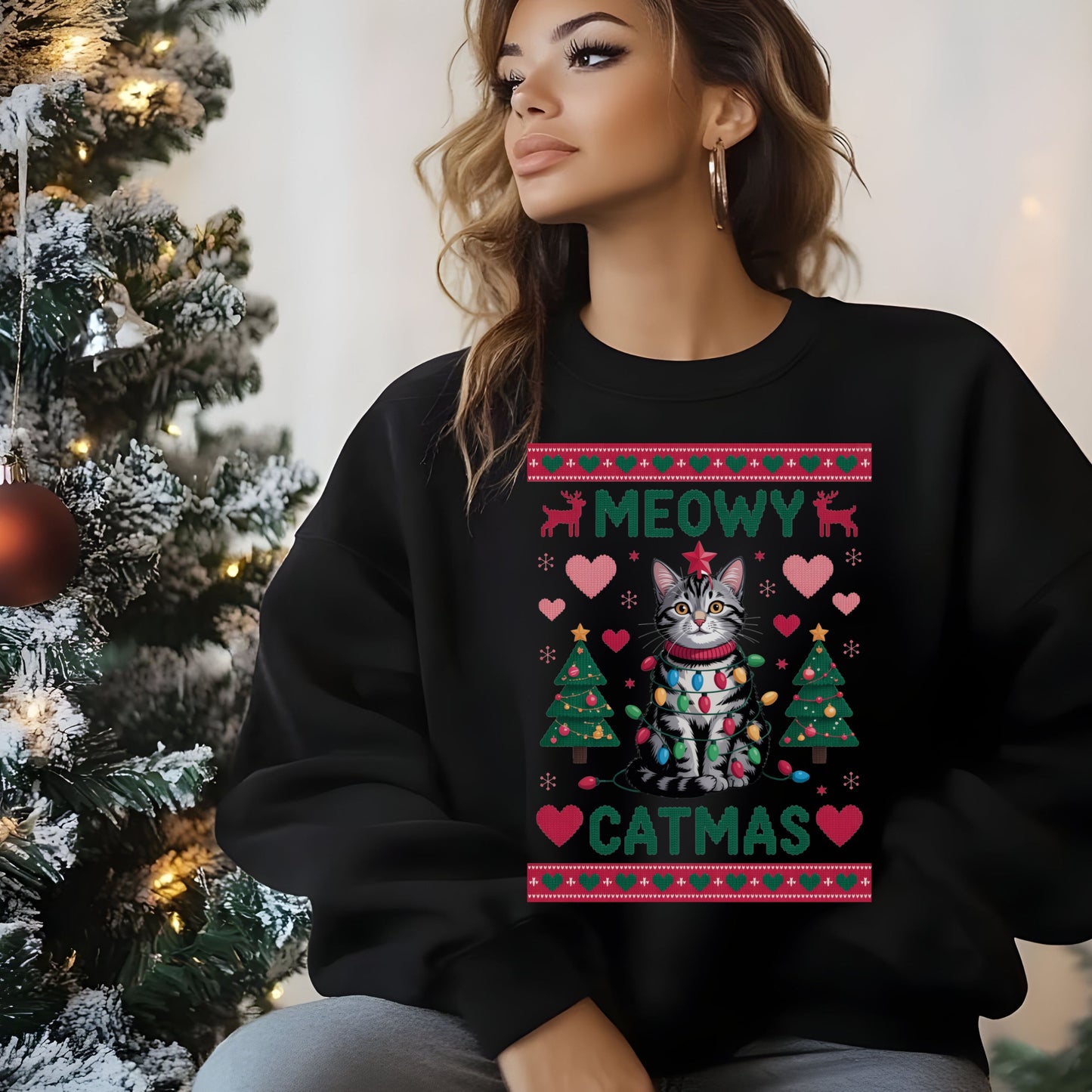 Meowy Catmas Christmas Sweatshirt for Cat Lovers Cozy Xmas Sweat, Holiday Ugly Sweater style Apparel Christmas Sweater, Funny Cat Sweatshirt