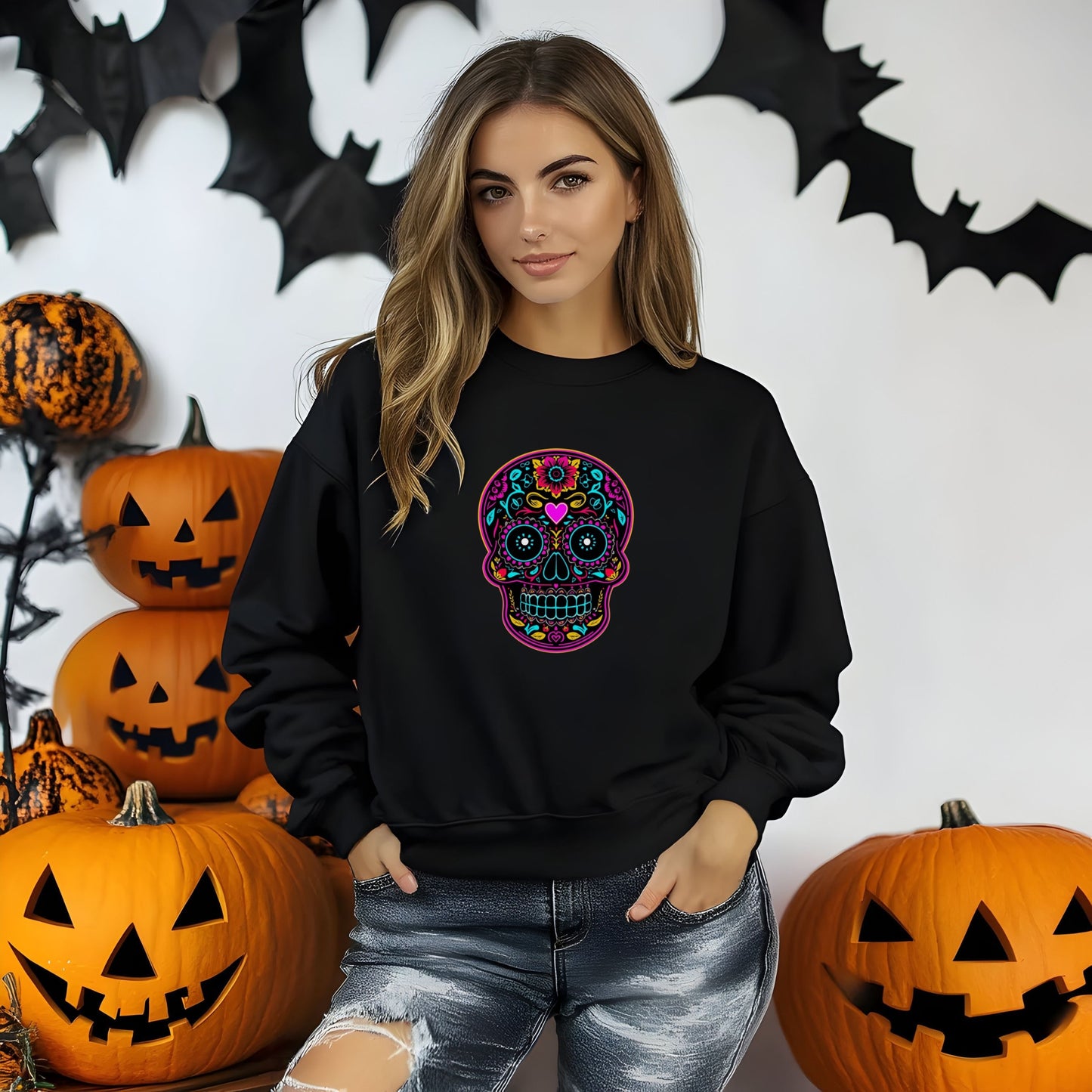 Colorful Sugar Skull SweatShirt, Day of the Dead Shirt, Dia de los Muertos Sweatshirt, Mexican Calavera Graphic, Festival Halloween Top