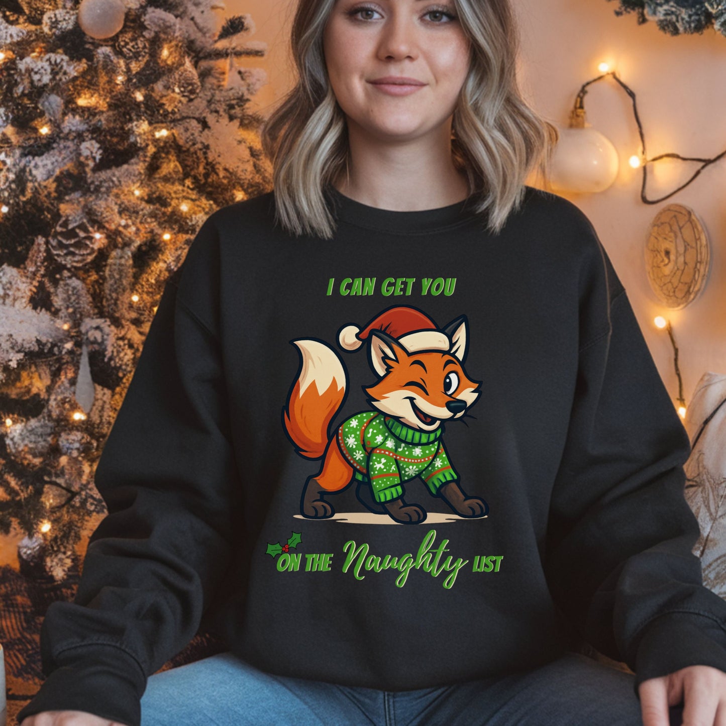 Naughty List Christmas SweatShirt, Funny Fox Christmas Sweat, Cute Holiday Graphic Top, Festive Xmas Party Outfit Gift for her Gift for him