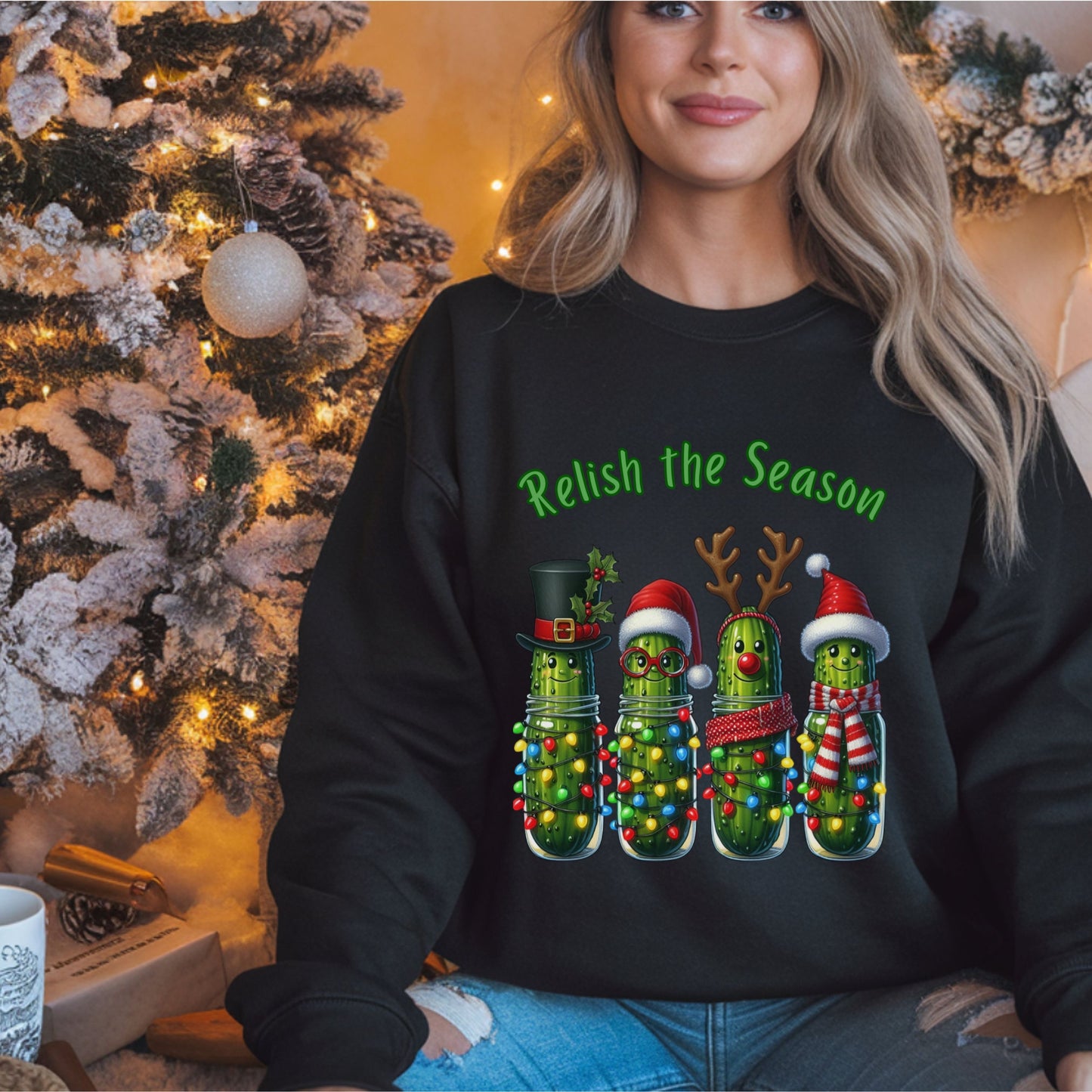 Relish the Season Christmas Pickle Sweatshirt, Funny Holiday Sweat, Cute Xmas Cucumber Jar Lights Top, Xmas Pickle Humor Gift for her