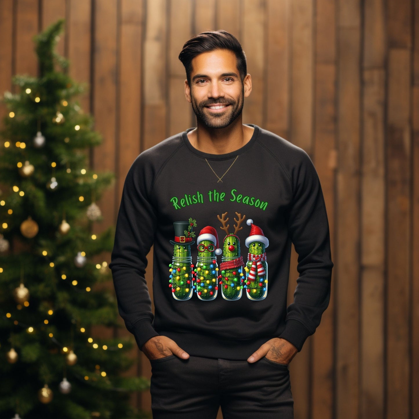 Relish the Season Christmas Pickle Sweatshirt, Funny Holiday Sweat, Cute Xmas Cucumber Jar Lights Top, Xmas Pickle Humor Gift for her