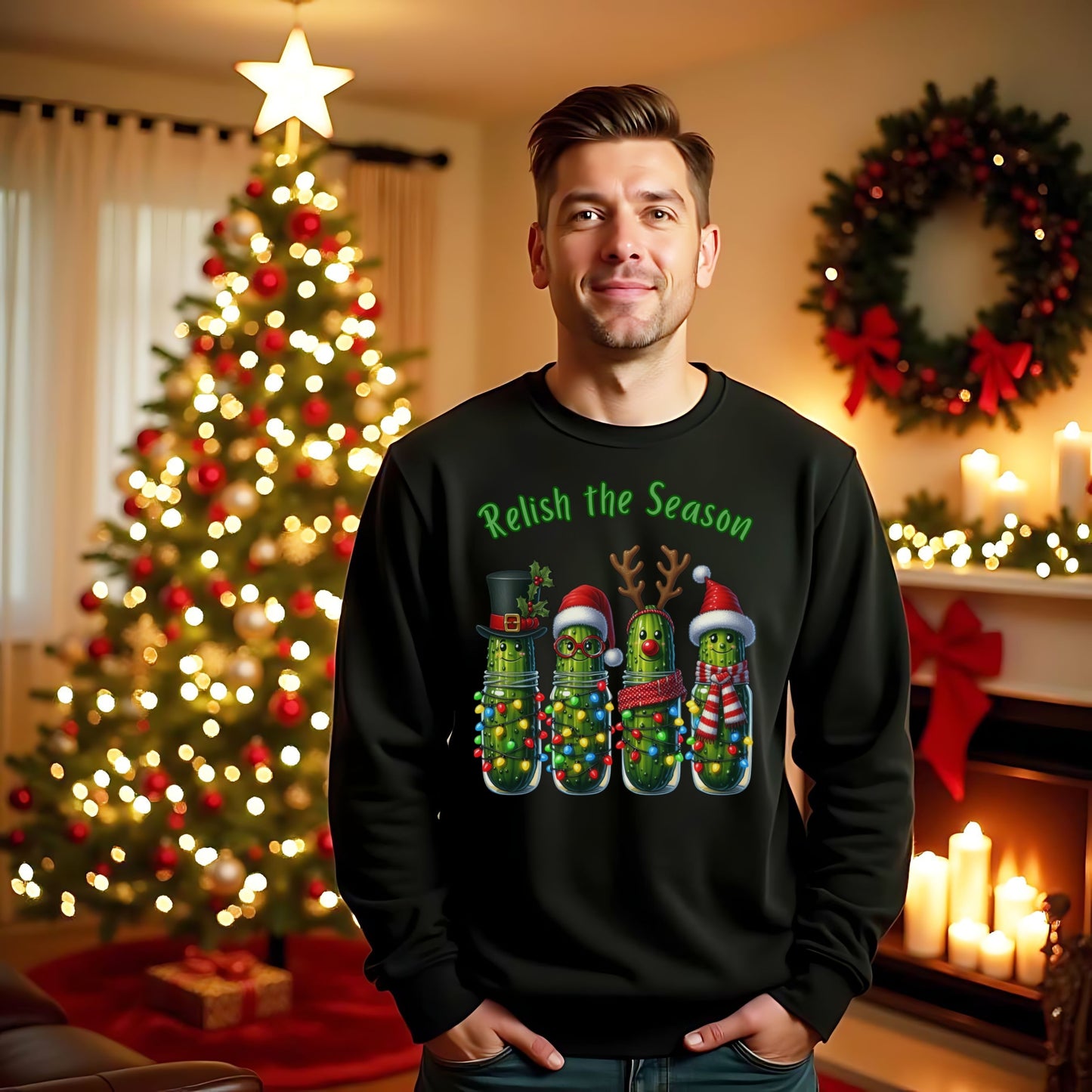 Relish the Season Christmas Pickle Sweatshirt, Funny Holiday Sweat, Cute Xmas Cucumber Jar Lights Top, Xmas Pickle Humor Gift for her
