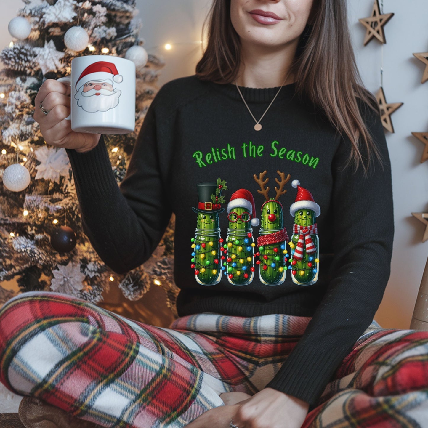 Relish the Season Christmas Pickle Sweatshirt, Funny Holiday Sweat, Cute Xmas Cucumber Jar Lights Top, Xmas Pickle Humor Gift for her
