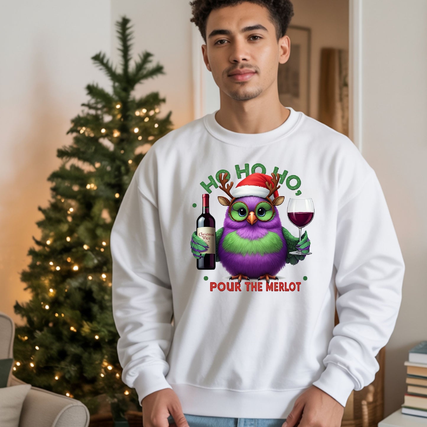 Ho Ho Ho Pour the Merlot Shirt, Funny Christmas Wine Lover SweatShirt, Cute Owl Holiday Party Tee, Ugly Sweater Alternative Xmas Gift
