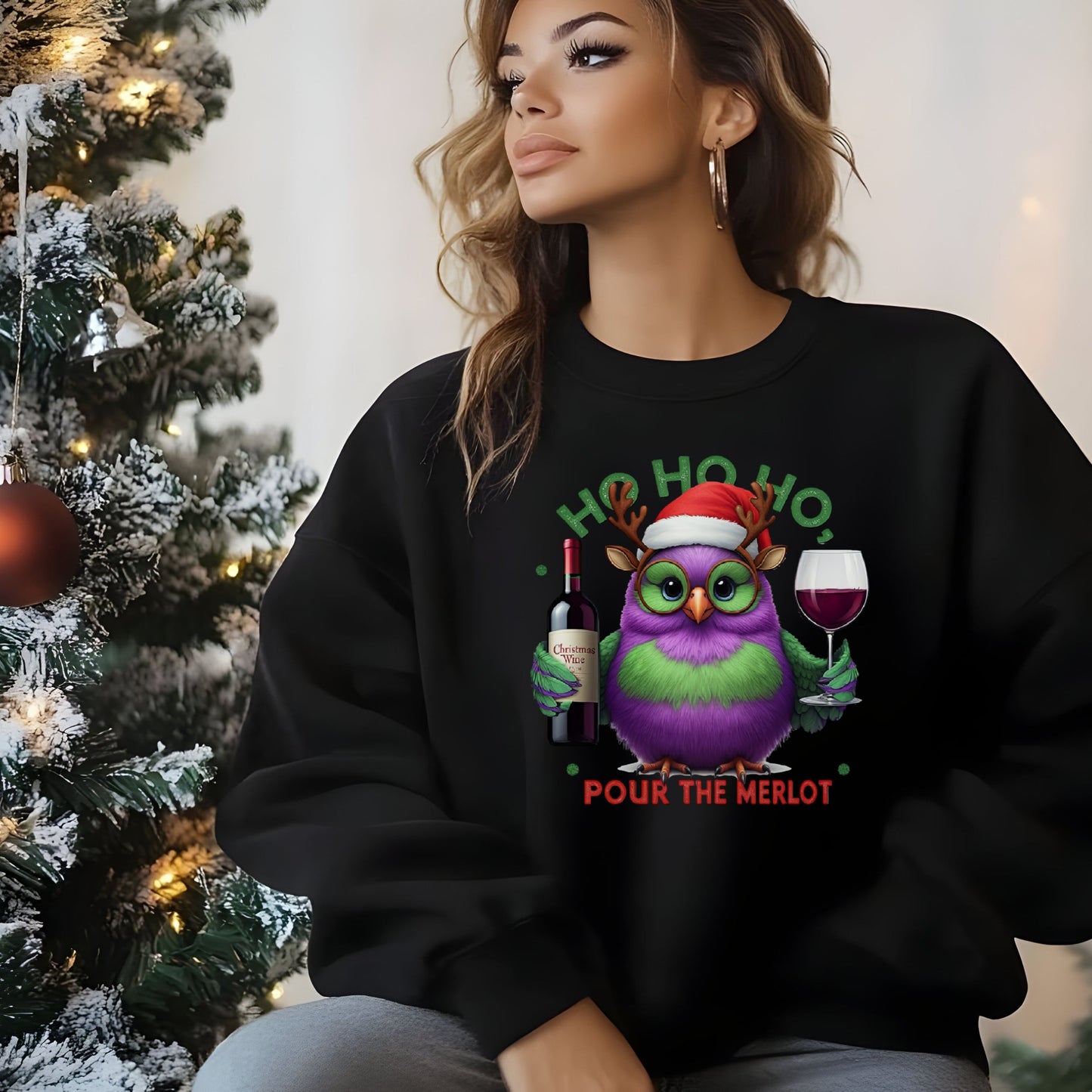 Ho Ho Ho Pour the Merlot Shirt, Funny Christmas Wine Lover SweatShirt, Cute Owl Holiday Party Tee, Ugly Sweater Alternative Xmas Gift