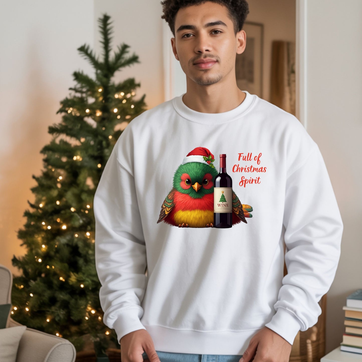 Full of Christmas Spirit Sweatshirt Funny Wine Lover Christmas Sweat, Drinking Party Shirt, Cute Bird Santa Hat Xmas Gift
