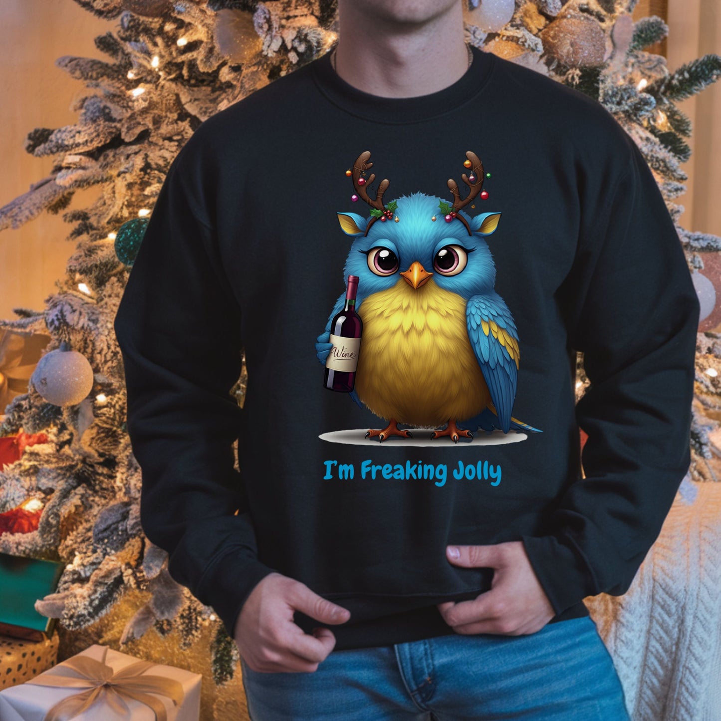 Freaking Jolly Shirt, Funny Christmas Wine Lover SweatShirt, Cute Holiday Bird Drinking Tee, Ugly Sweater Party Alternative Xmas Gift