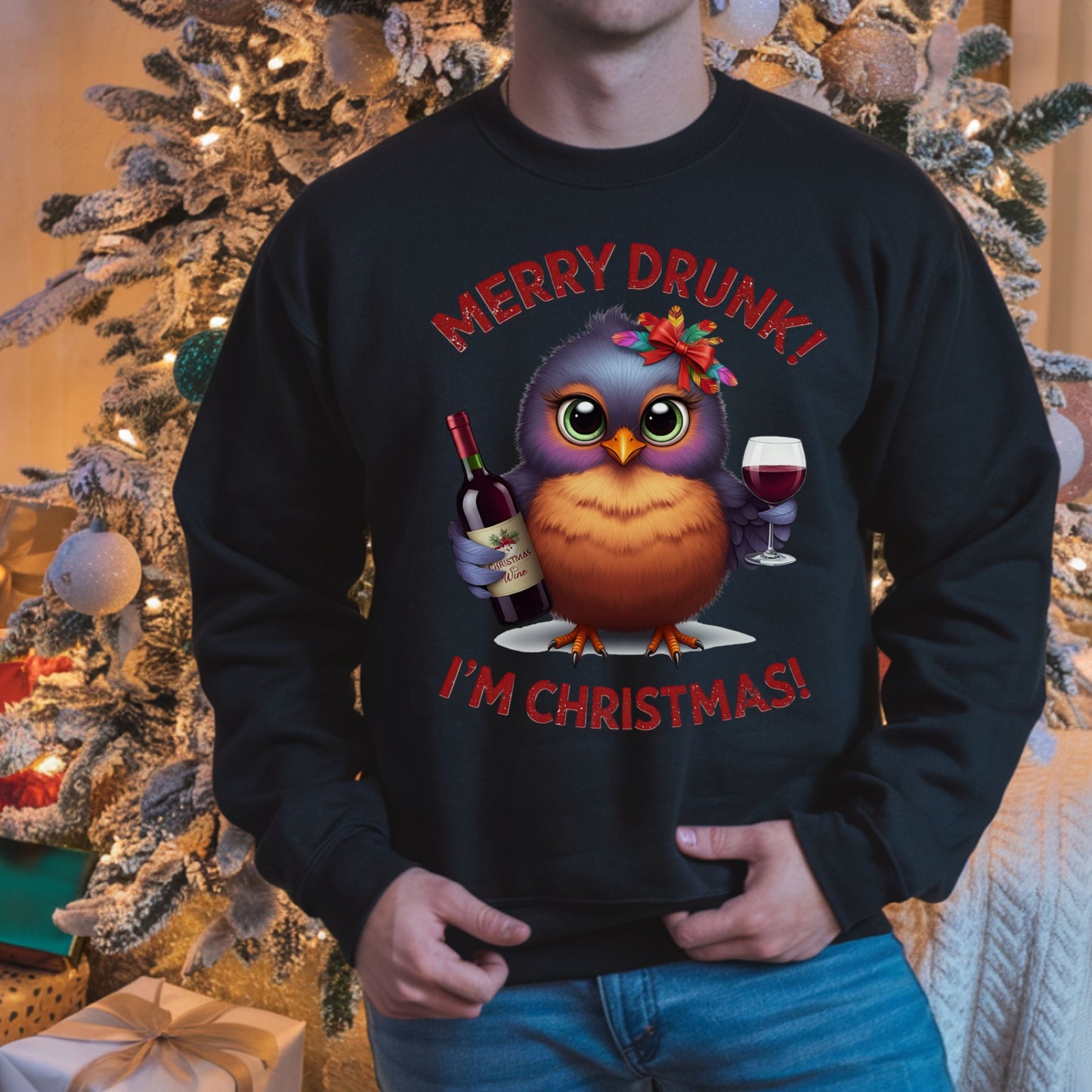Merry Drunk I'm Christmas Sweatshirt, Funny Wine Lover Shirt, Cute Bird Xmas Drinking Top, Ugly Sweater Party Alternative Gift