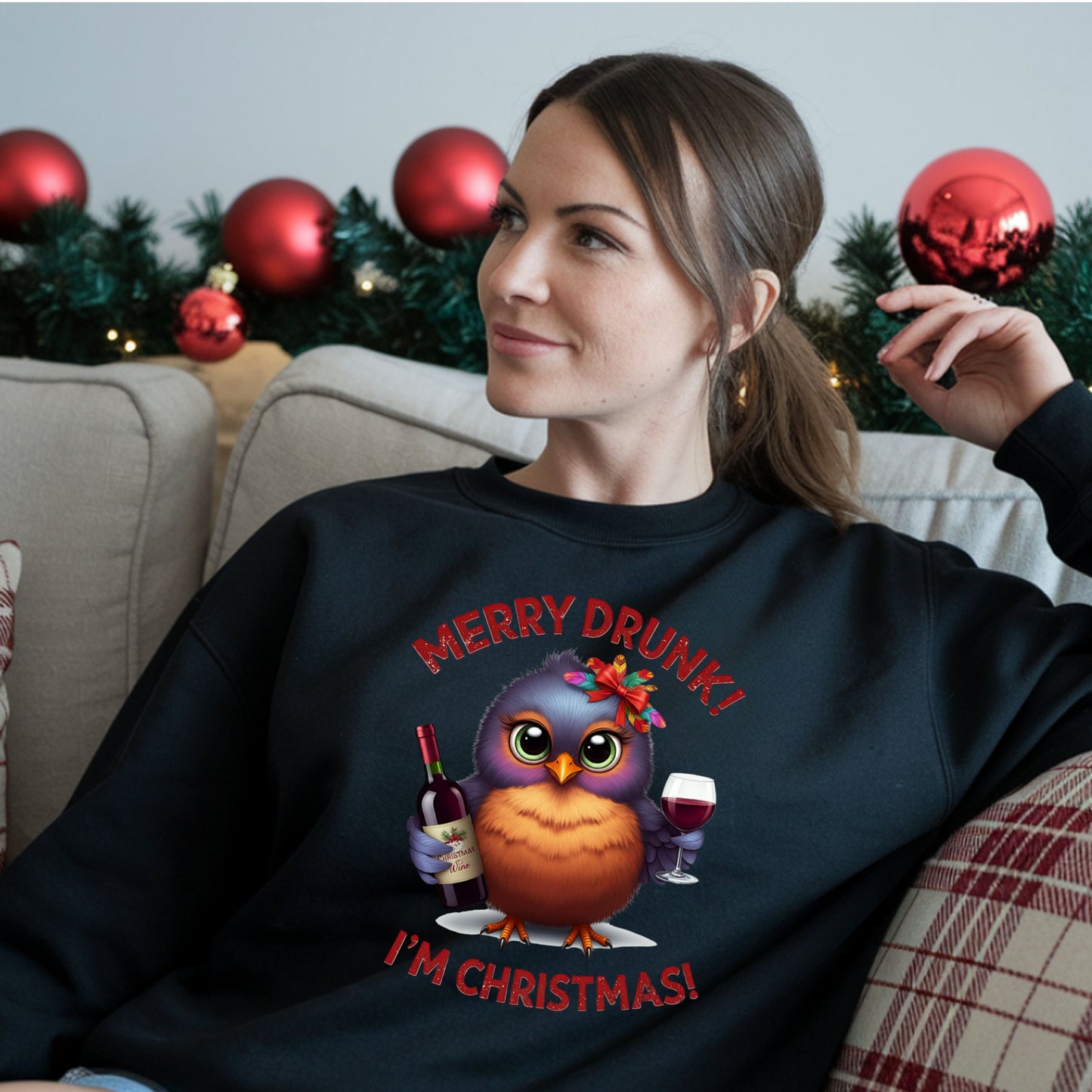 Merry Drunk I'm Christmas Sweatshirt, Funny Wine Lover Shirt, Cute Bird Xmas Drinking Top, Ugly Sweater Party Alternative Gift