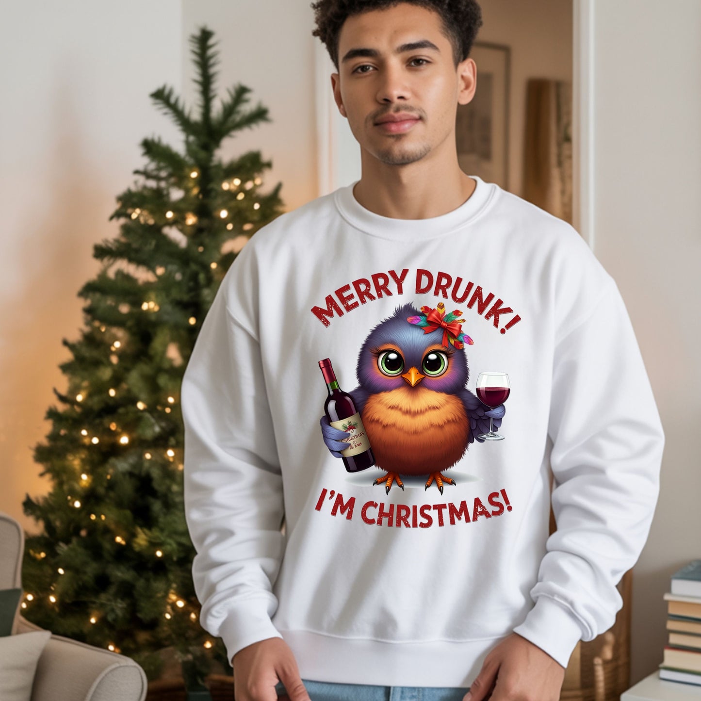 Merry Drunk I'm Christmas Sweatshirt, Funny Wine Lover Shirt, Cute Bird Xmas Drinking Top, Ugly Sweater Party Alternative Gift