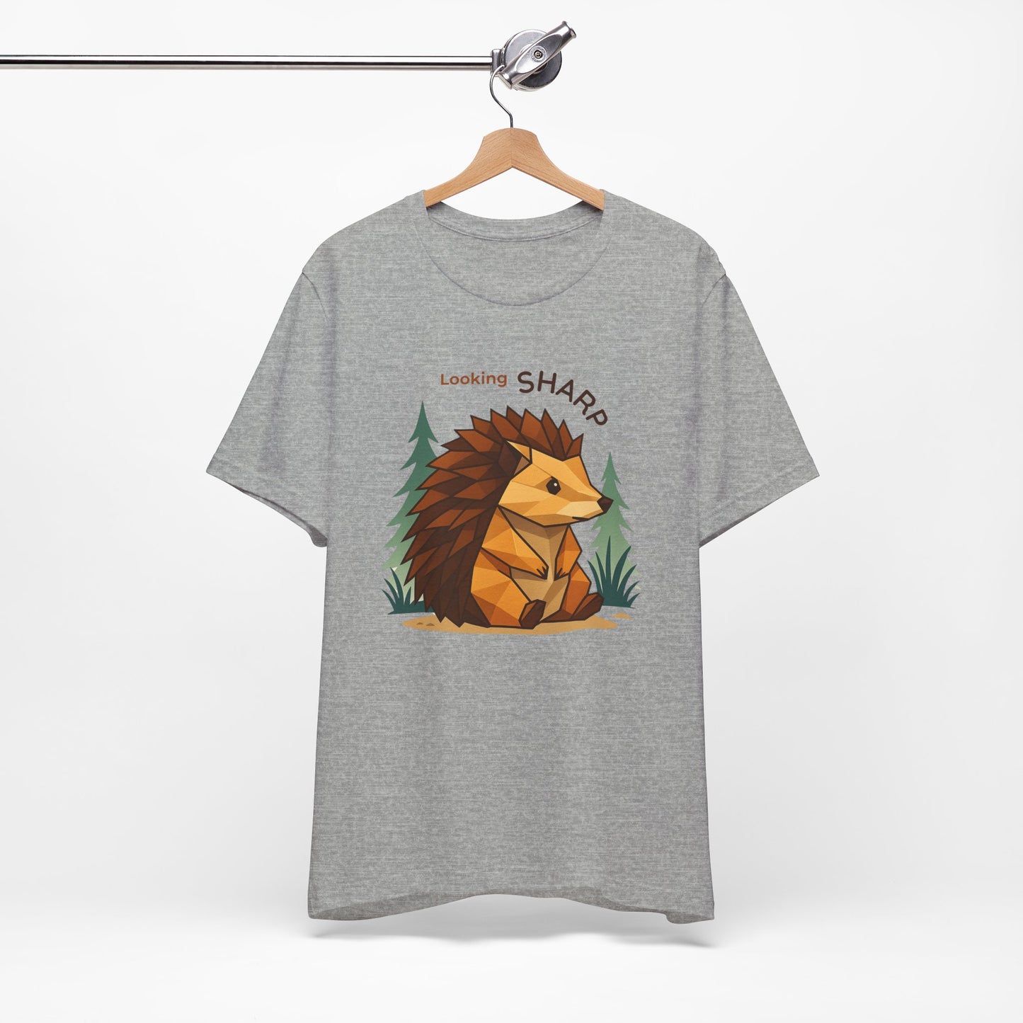 Athletic Heather - Looking Sharp Hedgehog T-shirt - Geometric Origami Design on hanger