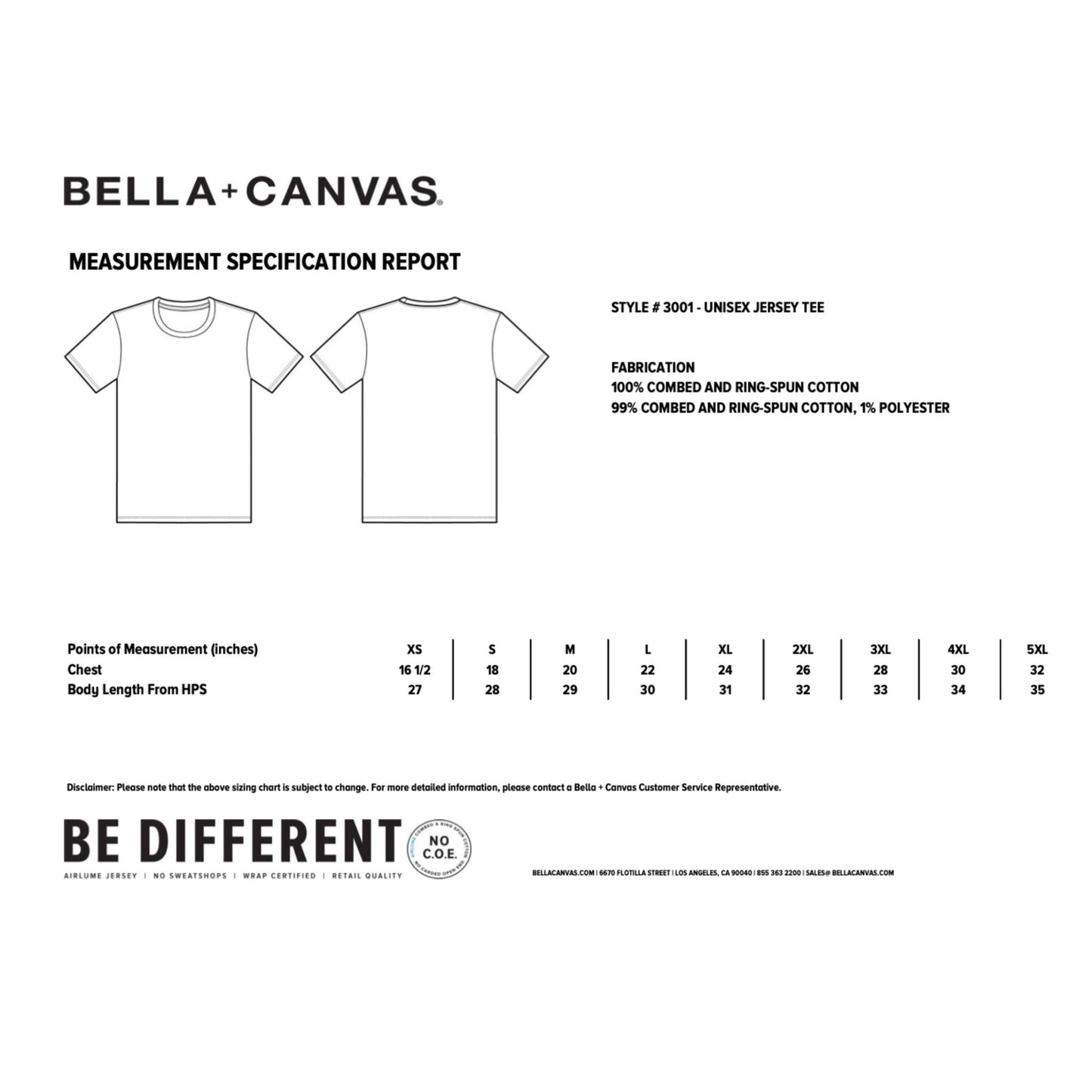 Bella Canvas Measurement Chart