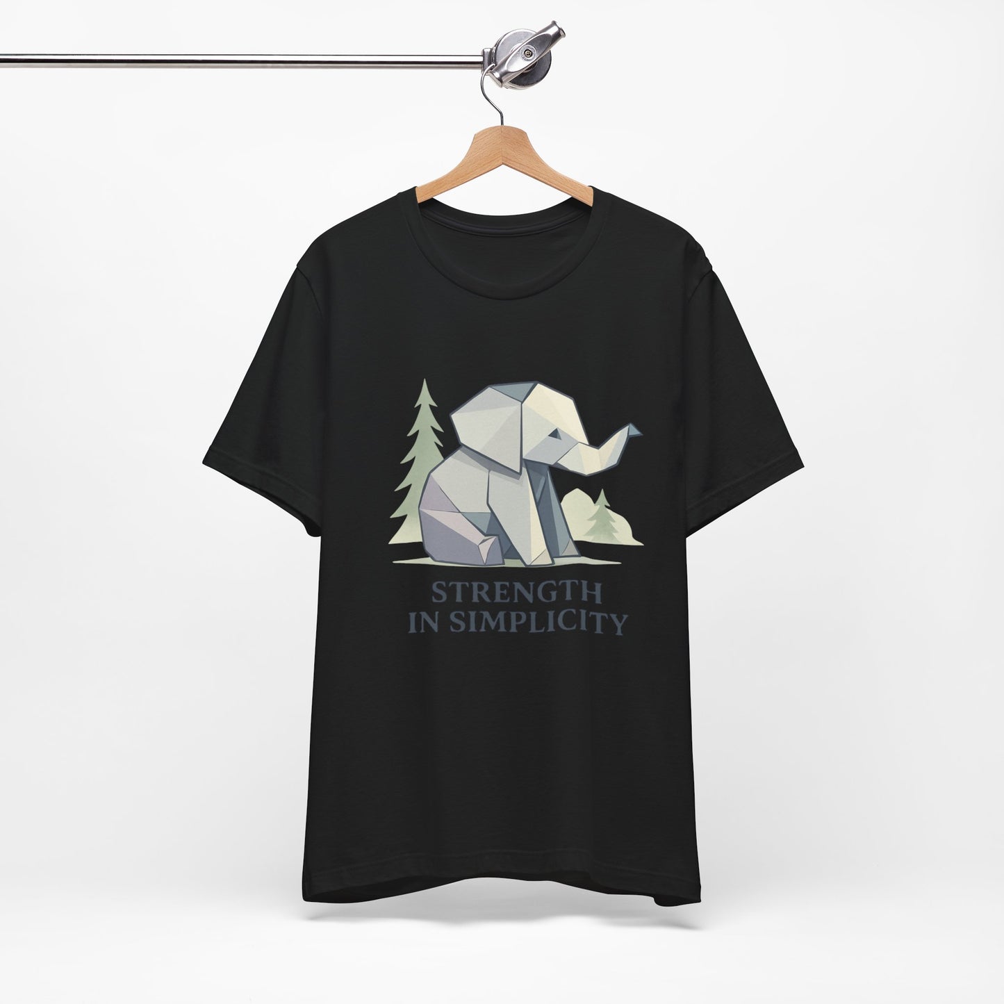 Black Geometric Origami Elephant Strength in Simplicity T-Shirt on hanger