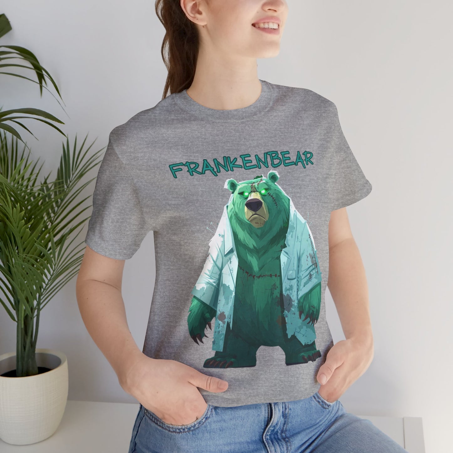 Grizzly Bear dressed as Frankenstein for Halloween on model in grey