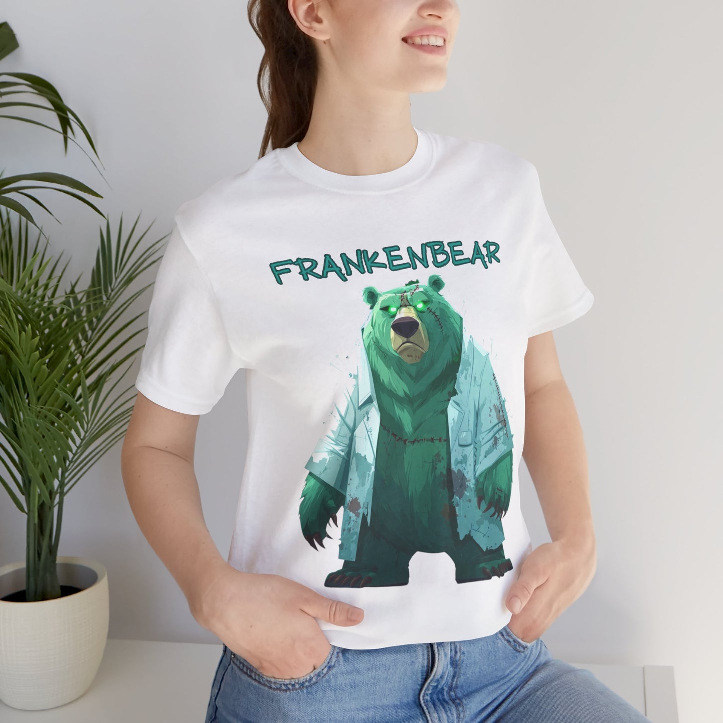 Grizzly Bear dressed as Frankenstein for Halloween on model in white
