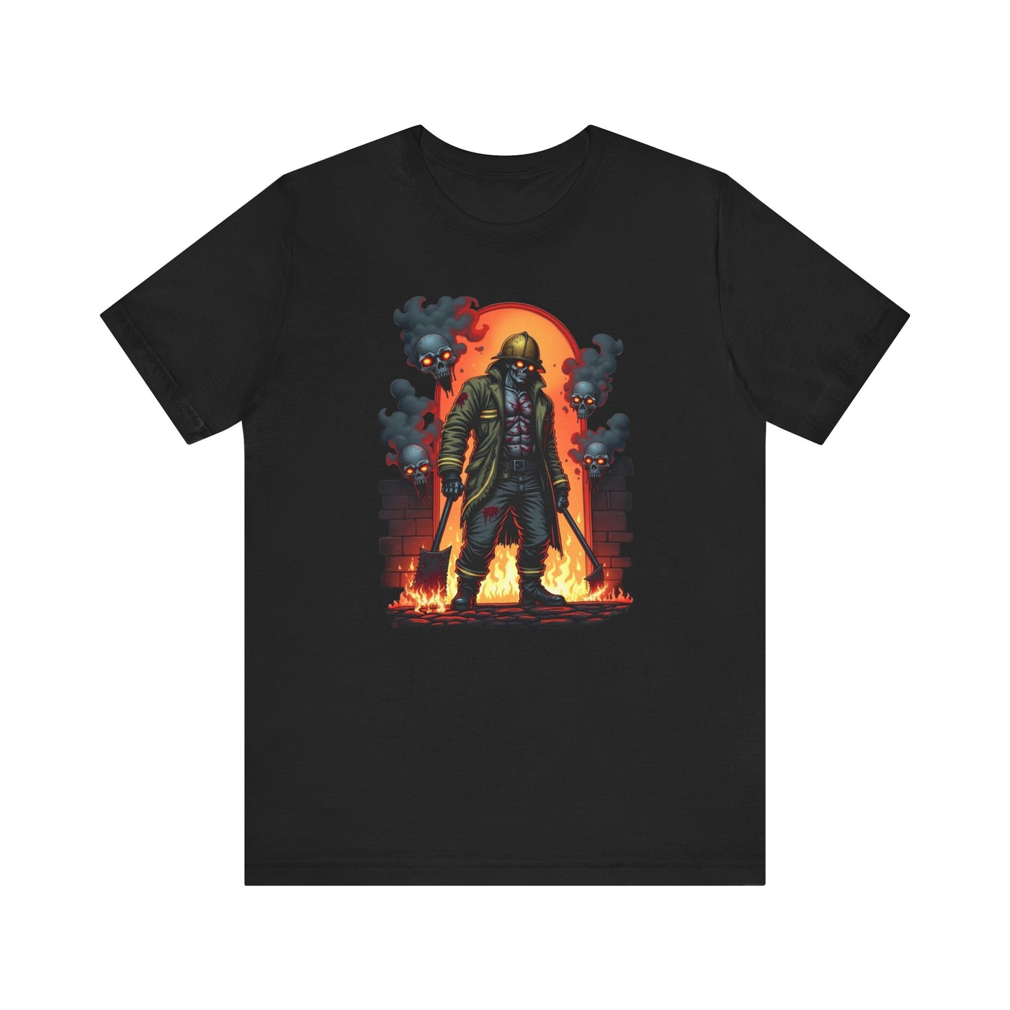 Halloween Skeleton Fireman T-shirt Skulls & Fire Graphic Shirt Halloween Costume Shirt Spooky Firefighter Shirt Halloween Costume
