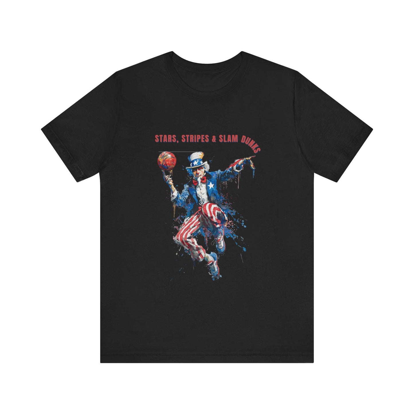 Uncle Sam Patriotic Basketball design with "Stars stripes and Slam Dunks" wording for this Patriotic Americana T-shirt design.  Celebrate sport and patriotism in one amazing design.