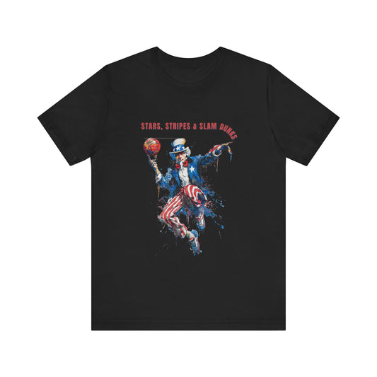 Uncle Sam Patriotic Basketball design with "Stars stripes and Slam Dunks" wording for this Patriotic Americana T-shirt design.  Celebrate sport and patriotism in one amazing design.