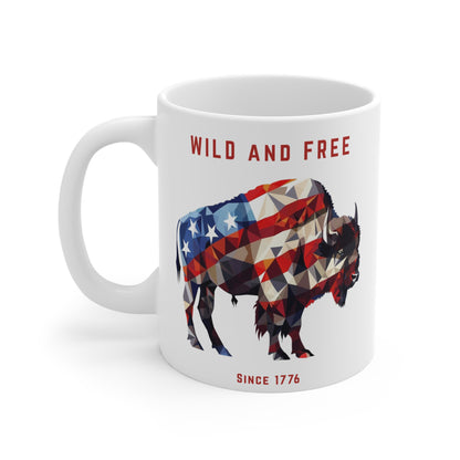 Wild and Free Patriotic Bison Mug, Wild and Free Coffee Cup, Fourth of July Gift, Rustic Animal Lover Gift, Americana Home Decor