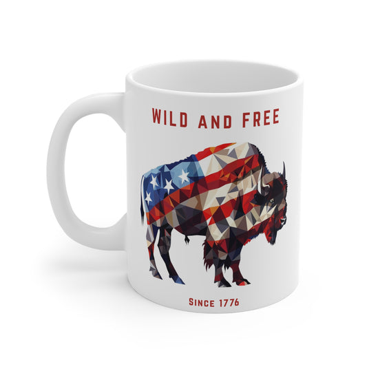 Wild and Free Patriotic Bison Mug, Wild and Free Coffee Cup, Fourth of July Gift, Rustic Animal Lover Gift, Americana Home Decor
