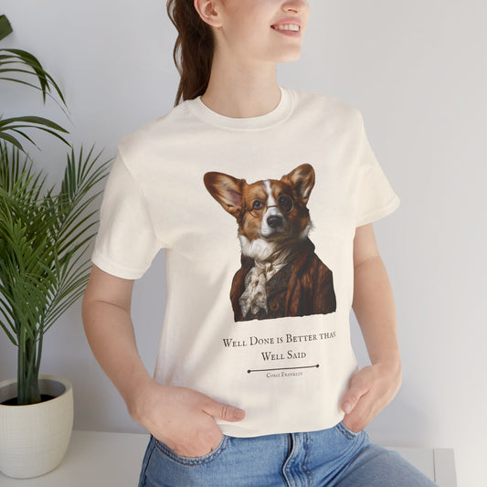 Corgi Dog dressed as Benjamin Franklin, perfect for Independence Day celebrations with this cute Patriotic Tee