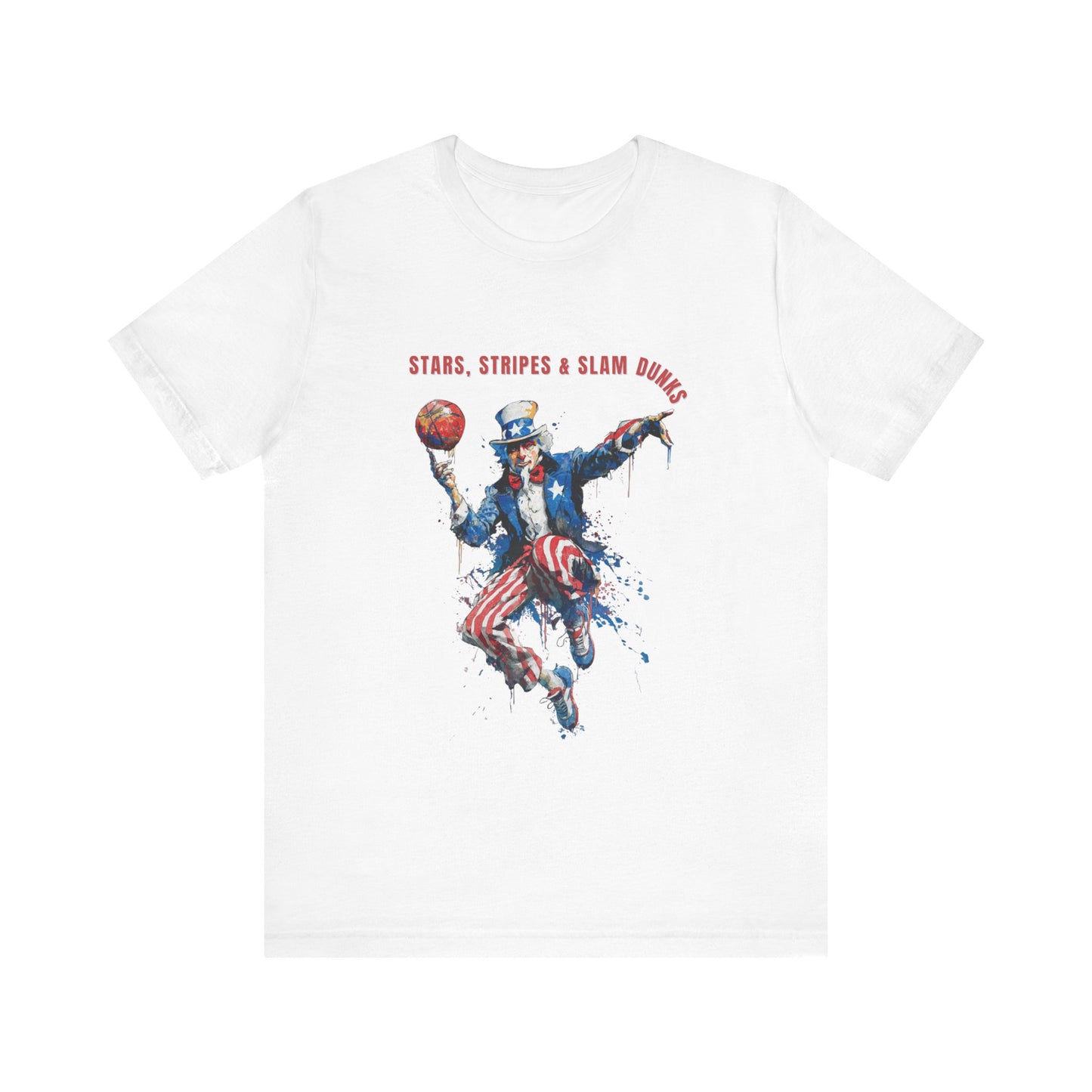 Uncle Sam Patriotic Basketball design with "Stars stripes and Slam Dunks" wording for this Patriotic Americana T-shirt design.  Celebrate sport and patriotism in one amazing design.