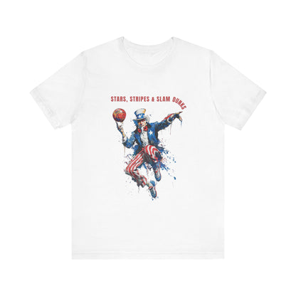Uncle Sam Patriotic Basketball design with "Stars stripes and Slam Dunks" wording for this Patriotic Americana T-shirt design.  Celebrate sport and patriotism in one amazing design.
