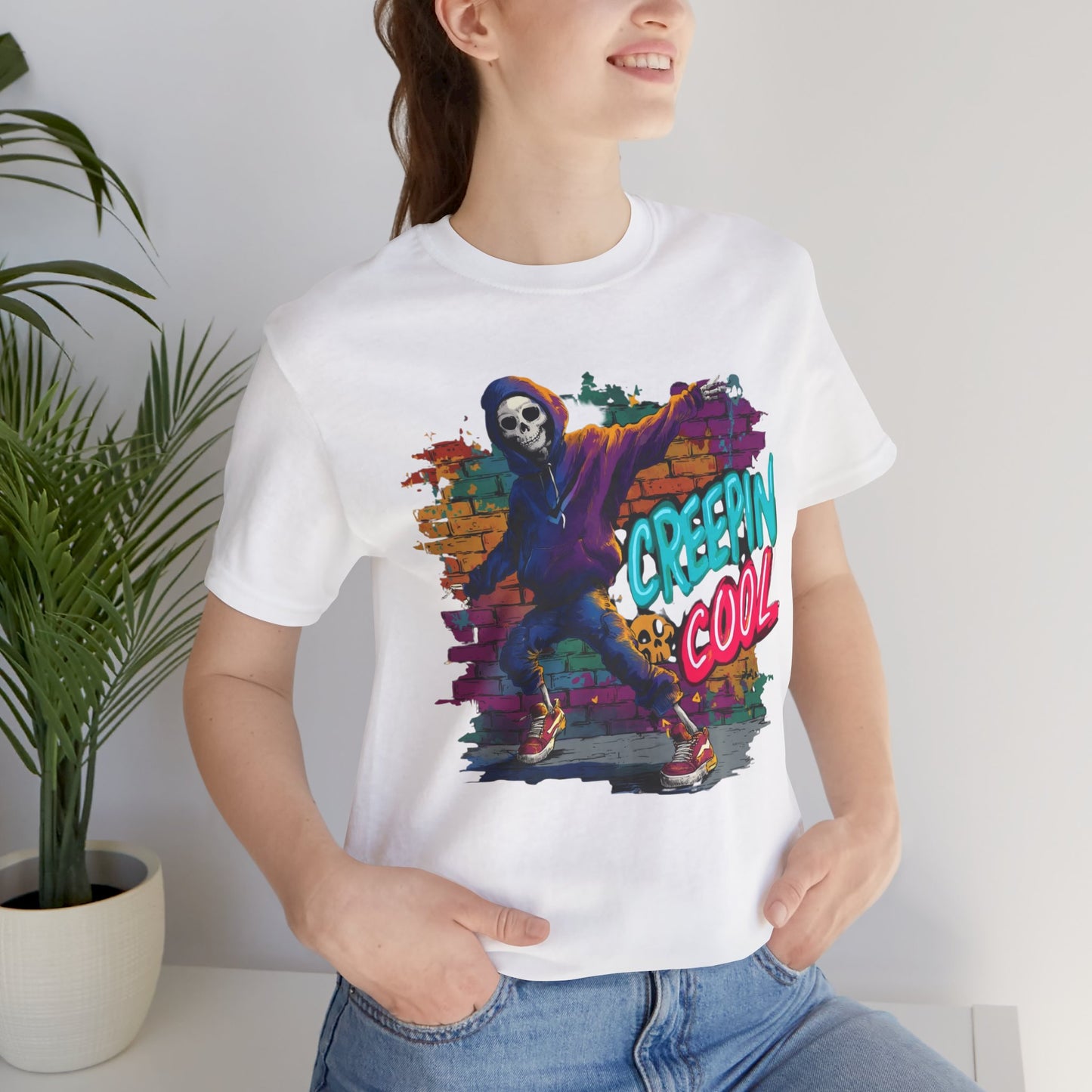Halloween Skeleton Spooky T-shirt Graffiti Streetwear Creepin' Cool Graphic T-shirt, Unisex Halloween TShirt, Spooky Vibe Gift for Teens Tee