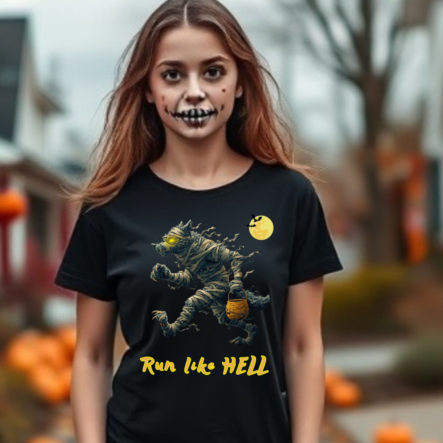 Spooky Halloween Mummified Wolf Running TShirt Bandaged Halloween Creepy Wolf T-Shirt Run Like Hell Spooky Halloween Creepy Wolf Howling Tee