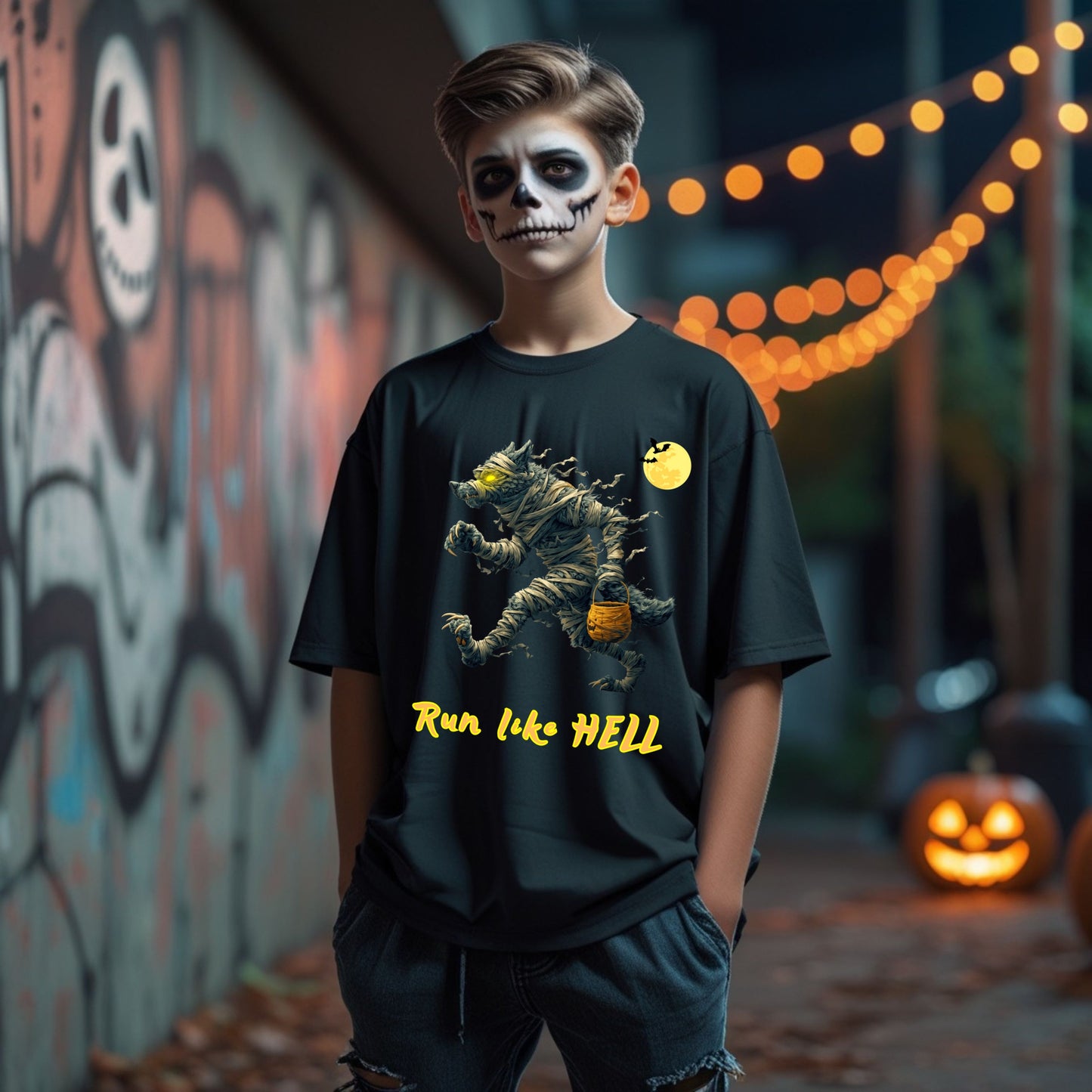 Spooky Halloween Mummified Wolf Running TShirt Bandaged Halloween Creepy Wolf T-Shirt Run Like Hell Spooky Halloween Creepy Wolf Howling Tee