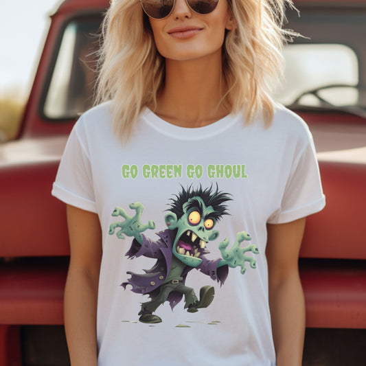 Halloween Spooky Tee Go Green Go Ghoul Halloween T-Shirt Unisex Short Sleeve  Zombie Theme Apparel  Spooky Party Wear Green Ghoul