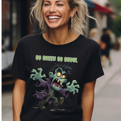 Halloween Spooky Tee Go Green Go Ghoul Halloween T-Shirt Unisex Short Sleeve  Zombie Theme Apparel  Spooky Party Wear Green Ghoul